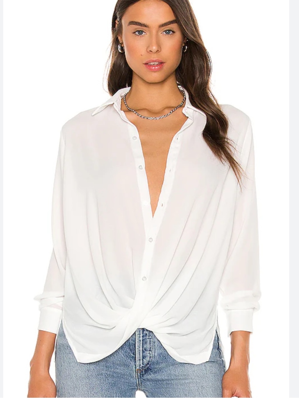 NEW Lalavon Twist Front Button Down Blouse Sz L White Silky Draped Cotton